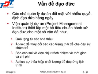 5 - 43
13/06/2019
Vấn đề đạo đức
1. Quà tặng từ các nhà thầu
2. Áp lực để thay đổi báo cáo trạng thái để che đậy sự
chậm trễ
3. Báo cáo sai về việc chịu trách nhiệm về thời gian
và chi phí
4. Áp lực sự thỏa hiệp chất lượng để đáp ứng lịch
trình
► Các nhà quản lý dự án đối mặt với nhiều quyết
định đạo đức hàng ngày
► Viện quản lý dự án (Project Management
Institute) thiết lập một bộ tiêu chuẩn hành xử
đạo đức cho một số vấn đề như:
701024_Ch 07: Quản trị dự án
 