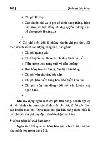 208 I Quản trị bán ihèng
+ Chi phí lãi vay
+ Các khoản phí và lệ phí cố định hàng tháng, hảng
năm (trả tiền hỢp đồng nhượng quyền thương mại,
trả cho quyền li-xăng...)
+ ...
١
^ Chi phí biến đổi: là những khoản chi phí thay đổi
theo doanh số và sản lượng hàng bán, bao gồm:
+ Chi phí quảng cáo
+ Chi khuyến mại theo các chương trình cụ thể
+ Tiền lương theo năng suất và tiền thưởng
+ Hoa hồng trả cho đại lý, đại diện bán hàng
٠
+ Chi phí vận chuyển, bốc xếp
+ Chí phí bảo hiểm hàng hóa, bảo hiểm kho bãi
+ Chi phí vốn lưu động (đối với các khoản vay
ngắn hạn)
4. ...
Khi xây dựng ngân sách chi phí bán hàng, doanh nghiệp
sẽ tiến hành xây dựng các định mức chi phí, từ đó xác định
các khoản mục chi. Định mức chi phí bán hàng được hiểu là
các chỉ tiêu chi phí quy định cho bộ phận bári hàng.
b) Ngân sách kết quả bấn hàng
Ngân sách kết quả bán hàng bao gồm các chỉ tiêu cơ bản
như minh họa trong bảng 3.2.
 