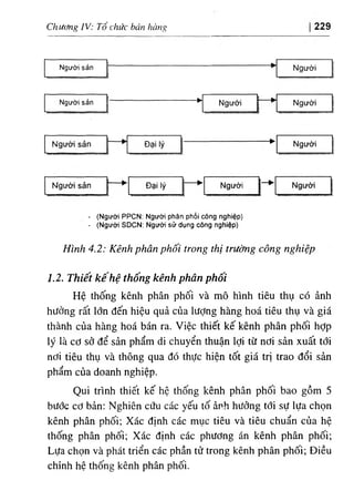 Chương IV: Tổ chức bán hàng 229
- (Người PPCN: Người phân phối cõng nghiệp)
- (Người SDCN: Người sử dụng công nghiệp)
Hình 4.2: Kênh phân phối trong thị trường công nghiệp
1.2. Thiết kê hệ thống kênh phân phối
Hệ thống kênh phân phối và mô hình tiêu thụ có ảnh
hưởng rất lớn đến hiệu quả của lượng hàng hoá tiêu thụ và giá
thành của hàng hoá bán ra. Việc thiết kế kênh phân phối hỢp
lý là cơ sở để sản phẩm di chuyển thuận lợi từ nơi sản xuất tổi
nơi tiêu thụ và thông qua đó thực hiện tốt giá trị trao đổi sản
phẩm của doanh nghiệp.
Qui trình thiết kế hệ thống kênh phân phối bao gồm 5
bước cơ bản: Nghiên cứu các yếu tố ảnh hưởng tới sự lựa chọn
kênh phân phối; Xác định các mục tiêu và tiêu chuẩn của hệ
thống phân phối; Xác định các phương án kênh phân phối;
Lựa chọn và phát triển các phần tử trong kênh phân phối; Điều
chỉnh hệ thống kênh phân phối.
 