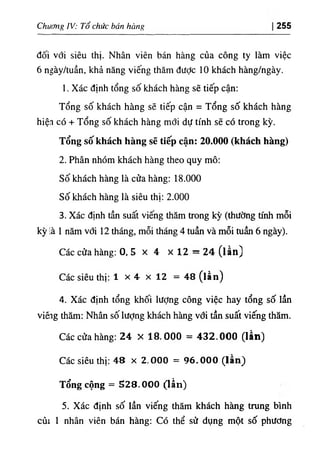 Chương IV: Tổ chức bán hàng 255
đối với siêu thị. Nhân viên bán hàng của công ty làm việc
6 ngày/tuần, khả năng viếng thăm đưỢc 10 khách hàng/ngày.
1. Xác định tổng số khách hàng sẽ tiếp cận;
Tổng số khách hàng sẽ tiếp cận = Tổng số khách hàng
hiệi có + Tổng số khách hàng mới dự tính sẽ có trong kỳ.
Tổng số khách hàng sẽ tiếp cận: 20.000 (khách hàng)
2. Phân nhóm khách hàng theo quy mô:
Số khách hàng là cửa hàng: 18.000
Số khách hàng là siêu thị: 2.000
3. Xác định tần suất viếng thăm trong kỳ (thường tính mỗi
kỳ '.à 1 năm với 12 tháng, mỗi tháng 4 tuần và mỗi tuần 6 ngày).
Các cửa hàng: 0. 5 x 4 X l 2 = 2 4 (lần)
Các siêu thị: 1 X 4 X 12 = 4 8 (lẩn)
4. Xác định tổng khối lượng công việc hay tổng số lần
viéig thăm: Nhân số lượng khách hàng vổi tần suất viếng thăm.
Các cửa hàng; 24 X 18.000 = 4 3 2 .0 0 0 (lần)
Các siêu thị: 48 X 2.000 = 9 6 .0 0 0 (lần^
Tổng cộng = S 2 8 .000 (lẩn )
5. Xác định số lần viếng thăm khách hàng trung bình
củi 1 nhân viên bán hàng: Có thể sử dụng một số phương
 