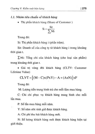 Chương V: Kiểm soát bán hãng 275
1.3. Nhóm tiêu chuẩn về khách hàng
٠Thị phần khách hàng (Share of Customer )
Sit
Si =
٢Mi
Trong đó:
Si: Thị phần khách hàng i (phần trăm).
Sit: Doanh số của công ty từ khách hàng i trong khoảng
thời gian t.
ỵ, Mi: Tổng chi của khách hàng (cho loại sản phẩm)
trong khoảng thời gian t.
٠Giá trị vòng đời khách hàng (CLTV: Customer
Lifetime Value)
CLVT = [(M - C)x(PxY) - A + (AxN)] xF
Trong đó:
M: LưỢng tiền trung bình trả cho mỗi lầm mua hàng.
C: Chi chí phục vụ khách hàng trung bình cho mỗi
lần mua.
P: Số lần mua hàng mỗi năm.
Y: Số năm ước tính giữ được khách hàng.
A: Chi phí thu hút khách hàng mới.
N: Số lượng khách hàng mới được khách hàng hiện tại
giới thiệu.
 