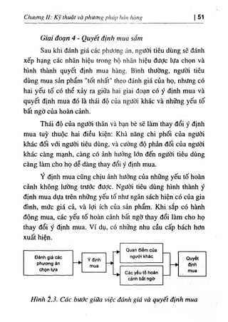 Chuơng 1‫ا‬
: thuật và phuơug phủp bún híing 51
Giai đoạn 4 - Quyết định mua sắm
Sau kh‫؛‬ đánh giá các phương án, ngườ‫؛‬ t‫؛‬êu dùng sẽ đánh
xếp hạng các nhẫn h‫؛‬ệu trong bộ nhãn h‫؛‬ệu dược !ựa chọn và
hình thành quyết định mua hàng. Binh thường, người tiêu
dUng mua sẩn phẩm "tốt nhất" theo đánh giá của họ, nhưng có
haỉ yếu tố có thể xảy ra giữa hai giai đoạn có ý dinh mua và
quyết định mua dó là tháỉ độ của người khác và những yếu tố
bất ngờ của hoàn cảnh.
Thái độ của người thân và bạn bè sẽ làm thay dổi ý định
mua tuỳ thuộc hai diều kiện: Khả năng chi phối của người
khác dốỉ với người tiêu dUng, và cường độ phàn dối của người
khác càng mạnh, càng có ảnh hưởng lớn dến người tiêu dUng
càng làm cho họ dễ dàng thay dổi ý định mua.
Ý dinh mua cũng chịu ảnh hường của những yếu tố hoàn
cẩnh không lường trước dưỢc. Người tiêu dUng hình thành ý
định mua dựa trên những yếu tố như ngân sách hiện có của gia
dinh, mức giá cà, và lợi ích của sàn phẩm. Khi sắp có hành
dộng mua, các yếu tố hoàn cảnh bất ngờ thay dổi làm cho họ
thay dổi ý định mua. Ví dụ, có những nhu cầu cấp bách hơn
xuất hiện.
Hlnh 2.3. Cdc bước giữa việc đánh giá và quyết định mua
 