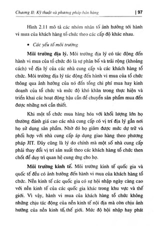 ь
،'1١
гhcmg
‫اا‬
،'،
‫اا)ا‬
í,ig
‫(؛‬
νthuật V
C
Iphi
‫؛‬
κ
‫ل‬
‫ا‬
:
ChUímg 97
Ifinh 2.11 mô tả các nhóm nhân tố ảnh hưởng tới hành
vi mua của khách hàng tổ chUtc theo các cấp độ khác nhau.
٠ Các ■ỵếu tố môi trường
Môỉ trường 3‫اج‬ lý. Môi trường dịa lý có tác dộng dến
hành vi mua của tổ chức dó là sự phân bố và trài rộng (khoàng
cách) về d‫؛‬a ly của các nhà cung cấp và các khách hàng tổ
chức. Môi trường dịa lý tác dộng dên hành vi mua của tổ chức
thông qua ành hường của nó dến tổng chi phi mua hay kinh
doanh của tổ chức và mức độ khó khăn trong thực hiện và
triển kha‫؛‬ các hoạt dộng hậu cần dể chuyển sản phẩm mua dến
dược những nơi cần thíêt.
Khi -một tổ chức mua hàng hóa với khối lượng Idn họ
thường đánh giá cao các nhà cung cấp có vị tri dịa ly gần nơi
họ sử dụng sàn phẩm. Nhờ dó họ gỉàm dưỢc mức dự tr. và
phối hỢp với nhà cung cấp áp dụng giao hàng theo phương
pháp JIT. Dây cũng là lý do chinh mà một số nhà cung cấp
phầi thay dổi vj tri sản xuất theo các khấch hàng tổ chức then
chốt dể duy tri quan hệ cung ứng cho họ.
Môỉ trường kinh tế. Môi trường kinh tế quốc gia và
quốc tếdều có ành hưỏng dến hành vi mua của khách hàng tổ
chức. Nền kinh tế các quốc gia có sự hội nhập ngày càng cao
với nền kinh tế của các quốc gia khác trong khu vực và thế
giới. Vì vậy, hành vỉ mua của khách hàng tổ chức không
những chịu tác dộng của nền kinh tế nội d‫؛‬a mà còn-chịu ành
hướng của nền kinh tế١thế giới. Mức độ hộỉ nhập hay phát
 