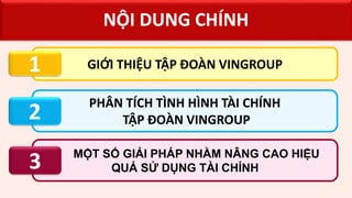 MỘT SỐ GIẢI PHÁP NHẰM NÂNG CAO HIỆU
QUẢ SỬ DỤNG TÀI CHÍNH
PHÂN TÍCH TÌNH HÌNH TÀI CHÍNH
TẬP ĐOÀN VINGROUP
GIỚI THIỆU TẬP ĐOÀN VINGROUP
NỘI DUNG CHÍNH
1
2
3
 