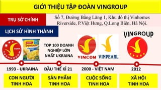 Số 7, Đường Bằng Lăng 1, Khu đô thị Vinhomes
Riverside, P.Việt Hưng, Q.Long Biên, Hà Nội.
LỊCH SỬ HÌNH THÀNH
TRỤ SỞ CHÍNH
GIỚI THIỆU TẬP ĐOÀN VINGROUP
1993 - UKRAINA ĐẦU THẾ KỈ 21
TOP 100 DOANH
NGHIỆP LỚN
NHẤT UKRAINA
2000 - VIỆT NAM 2012
CON NGƯỜI
TINH HOA
SẢN PHẨM
TINH HOA
CUỘC SỐNG
TINH HOA
XÃ HỘI
TINH HOA
 