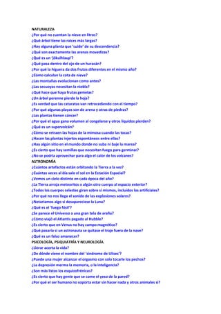 NATURALEZA
¿Por qué no cuentan la nieve en litros?
¿Qué árbol tiene las raíces más largas?
¿Hay alguna planta que ‘cuide’ de su descendencia?
¿Qué son exactamente las arenas movedizas?
¿Qué es un ‘jökulhlaup’?
¿Qué pasa dentro del ojo de un huracán?
¿Por qué la higuera da dos frutos diferentes en el mismo año?
¿Cómo calculan la cota de nieve?
¿Las montañas evolucionan como antes?
¿Las secuoyas necesitan la niebla?
¿Qué hace que haya frutas gemelas?
¿Un árbol perenne pierde la hoja?
¿Es verdad que las cataratas van retrocediendo con el tiempo?
¿Por qué algunas playas son de arena y otras de piedras?
¿Las plantas tienen cáncer?
¿Por qué el agua gana volumen al congelarse y otros líquidos pierden?
¿Qué es un supervolcán?
¿Cómo se retraen las hojas de la mimosa cuando las tocas?
¿Hacen las plantas injertos espontáneos entre ellas?
¿Hay algún sitio en el mundo donde no suba ni baje la marea?
¿Es cierto que hay semillas que necesitan fuego para germinar?
¿No se podría aprovechar para algo el calor de los volcanes?
ASTRONOMÍA
¿Cuántos artefactos están orbitando la Tierra a la vez?
¿Cuántas veces al día sale el sol en la Estación Espacial?
¿Vemos un cielo distinto en cada época del año?
¿La Tierra arroja meteoritos o algún otro cuerpo al espacio exterior?
¿Todos los cuerpos celestes giran sobre sí mismos, incluidos los artificiales?
¿Por qué no nos llega el sonido de las explosiones solares?
¿Notaríamos algo si desapareciese la Luna?
¿Qué es el ‘fuego fósil’?
¿Se parece el Universo a una gran tela de araña?
¿Cómo viajó el Atlantis pegado al Hubble?
¿Es cierto que en Venus no hay campo magnético?
¿Qué pasaría si un astronauta se quitase el traje fuera de la nave?
¿Qué es un falso amanecer?
PSICOLOGÍA, PSIQUIATRÍA Y NEUROLOGÍA
¿Llorar acorta la vida?
¿De dónde viene el nombre del ‘síndrome de Ulises’?
¿Puede una mujer alcanzar el orgasmo con solo tocarle los pechos?
¿La depresión merma la memoria, o la inteligencia?
¿Son más listos los esquizofrénicos?
¿Es cierto que hay gente que se come el yeso de la pared?
¿Por qué el ser humano no soporta estar sin hacer nada y otros animales sí?
 