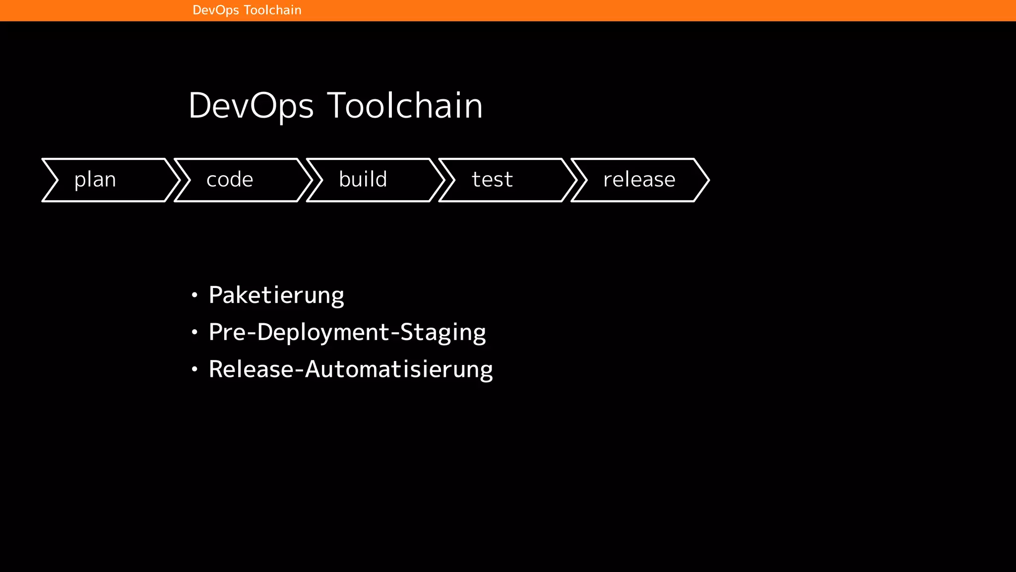 plan code build test release deploy operate
DevOps Toolchain
DevOps Toolchain
• Paketierung
• Pre-Deployment-Staging
• Release-Automatisierung
 
