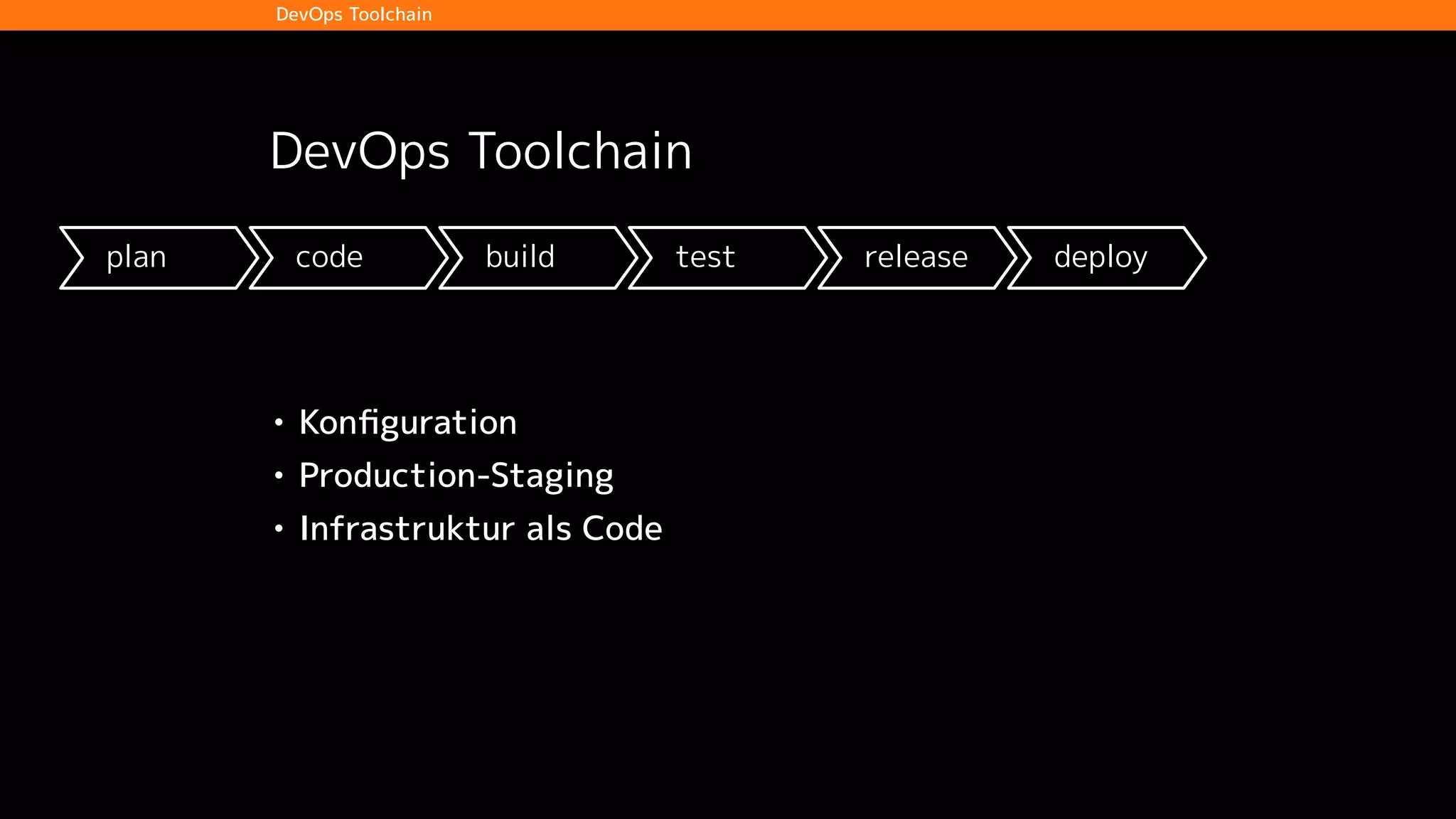 plan code build test release deploy operate
DevOps Toolchain
DevOps Toolchain
• Konﬁguration
• Production-Staging
• Infrastruktur als Code
 