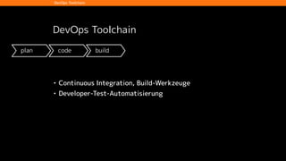 plan code build test release deploy operate
DevOps Toolchain
DevOps Toolchain
• Continuous Integration, Build-Werkzeuge
• ...