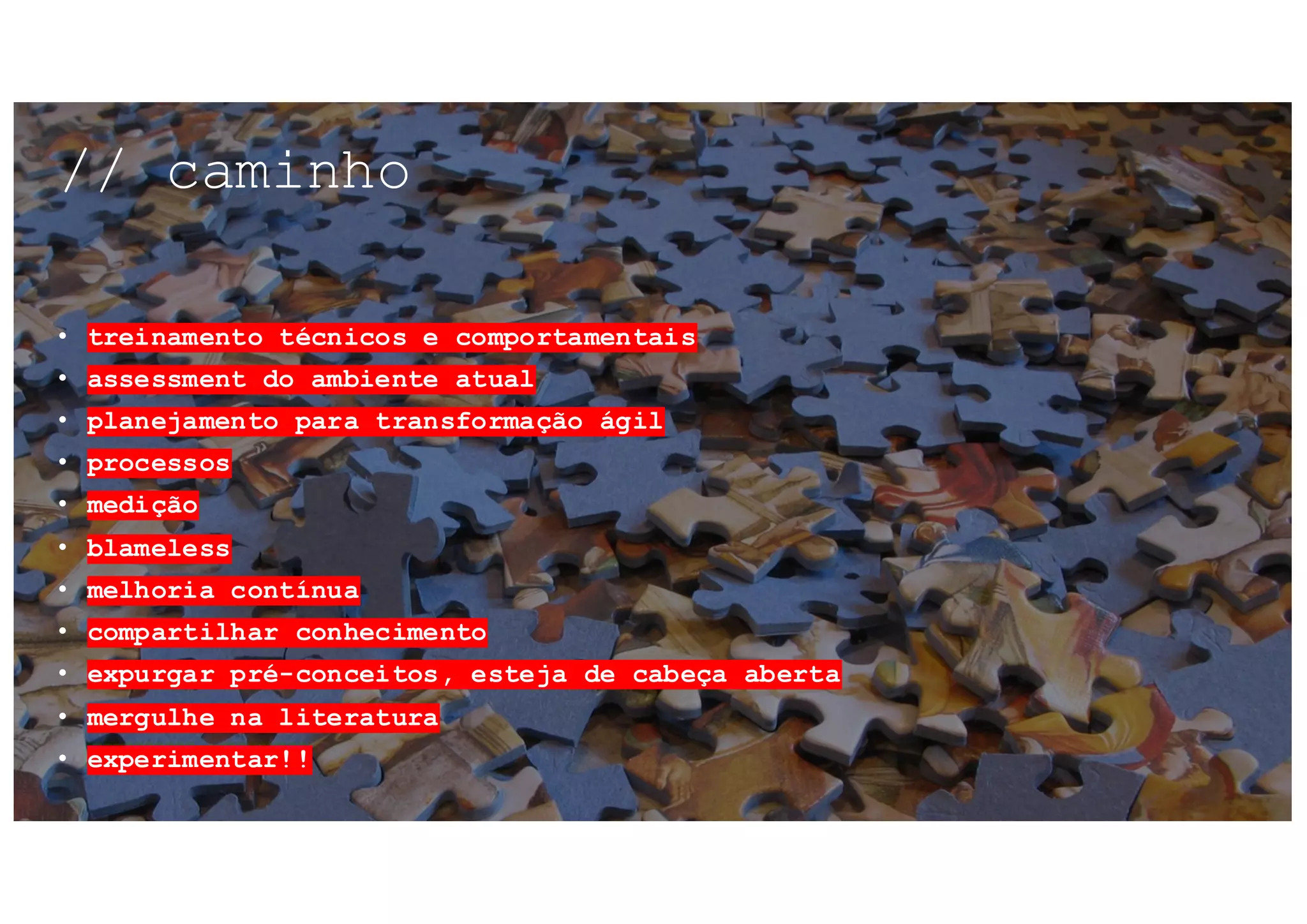 • treinamento técnicos e comportamentais
• assessment do ambiente atual
• planejamento para transformação ágil
• processos
• medição
• blameless
• melhoria contínua
• compartilhar conhecimento
• expurgar pré-conceitos, esteja de cabeça aberta
• mergulhe na literatura
• experimentar!!
// caminho
 