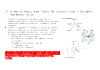 NOSSO	TEMA	DE	HOJE:	
• O banco abriu pesquisa para saber se as
metodologias ágeis, como o SCRUM, poderiam ser
utilizadas para projetos de infraestrutura e
operação;
• O banco pesquisou características de projetos
para entender se havia candidatos mais forte
ao contexto ágil, dentro do setor de infra;
• Projetos pesquisados dos seguintes tipos:
• Gestão de Ciclo de Vida;
• Melhoria de Serviços de Infraestrutura
existente;
• Criação de Novos Serviços de
Infraestrutura;
• Projetos de Pesquisa
A conclusão foi que qualquer projeto que enfrenta
a incertezas, complexidade, volatilidade e risco,
era um candidato para práticas e princípios
ágeis.
// o que o mundo tem visto de retorno com o DevOps?
Case Rabobank – Holanda
 