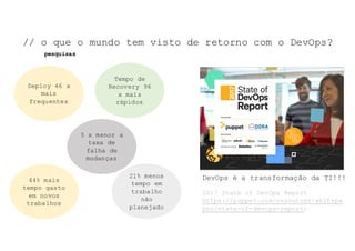 NOSSO	TEMA	DE	HOJE:	
DevOps é a transformação da TI!!!
Deploy 46 x
mais
frequentes
5 x menor a
taxa de
falha de
mudanças
Tempo de
Recovery 96
x mais
rápidos
21% menos
tempo em
trabalho
não
planejado
2017 State of DevOps Report
https://puppet.com/resources/whitepa
per/state-of-devops-report)
44% mais
tempo gasto
em novos
trabalhos
// o que o mundo tem visto de retorno com o DevOps?
pesquisas
 