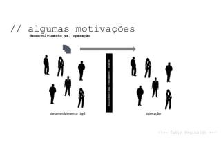 NOSSO	TEMA	DE	HOJE:	
// algumas motivações
<!-- fabio Reginaldo -->
desenvolvimento vs. operação
NOSSO	TEMA	DE	HOJE:	
MUROS/BARREIRAS/PRÉ-CONCEITOS
desenvolvimento	 ágil operação
 