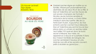 Où trouver ce livre?
Tour Jaune
ROMAN / BOU
 Gabriel Larcher règne en maître sur sa
famille, influençant profondément les
destinées de ses deux fils et de sa fille. Si
Dan et Valentine ont suivi les traces de
cet ancien champion de Formule 1,
Nicolas, jeune homme sensible et
amoureux de la nature, a choisi d'être
médecin dans leur petite ville de La
Ferté-Saint-Aubin. Aujourd'hui, les trois
enfants Larcher cachent leurs blessures.
Dan et Valentine peuvent-ils trouver leur
place dans un univers où seul leur père
veut briller ? Et quel est donc le lourd
secret d'Albane, leur mère, en
apparence si douce et si parfaite ? Dans
leur maison familiale de Sologne, les
Larcher semblaient heureux et unis.
Mais les non-dits et les secrets couvent,
prêts à éclater au grand jour…
 