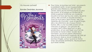 Où trouver ce livre?
Bandes Dessinées Jeunesse
 Pour Vicky, le bonheur est total : ses parents
la préfèrent enfin ! à son insupportable
grande soeur Rebecca, elle sort avec
James, beau jeune homme promis au plus
bel avenir, et le barbecue familial de fin
d'été lui permet d'afficher son insolente
réussite à la face de tous les voisins. Quant à
Jenny, elle connaît un double bonheur :
avec le musculeux Jean-Franky, elle a les
tablettes de chocolat ; avec le gentil Hugo,
elle a les attentions de chaque instant.
Karine, elle, a une nouvelle passion et ce
n'est pas un garçon : son groupe de
musique vient d'être signé par un gros
producteur, et son seul léger souci est de
remonter le moral à Albin, leader de la
formation, qui est en pleine dépression
depuis les événements tragiques de l'été (et
du tome 6). Mais la vie est cruelle et le
bonheur fragile, surtout quand on triche
avec ses propres sentiments. Heureusement
qu'il reste l'amitié.
 