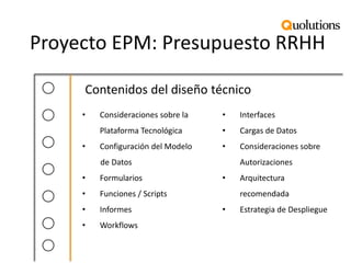 Proyecto EPM: Presupuesto RRHH 
•Consideraciones sobre la Plataforma Tecnológica 
•Configuración del Modelo de Datos 
•Formularios 
•Funciones / Scripts 
•Informes 
•Workflows 
•Interfaces 
•Cargas de Datos 
•Consideraciones sobre Autorizaciones 
•Arquitectura recomendada 
•Estrategia de Despliegue 
Contenidos del diseño técnico  