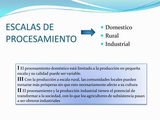 ESCALAS DE                                          Domestico
                                                    Rural
PROCESAMIENTO                                       Industrial



  I El procesamiento doméstico está limitado a la producción en pequeña
  escala y su calidad puede ser variable.
  III Con la producción a escala rural, las comunidades locales pueden
  tornarse más prósperas sin que esto necesariamente afecte a su cultura
  II El procesamiento y la producción industrial tienen el potencial de
  transformar a la sociedad, con lo que los agricultores de subsistencia pasan
  a ser obreros industriales
 