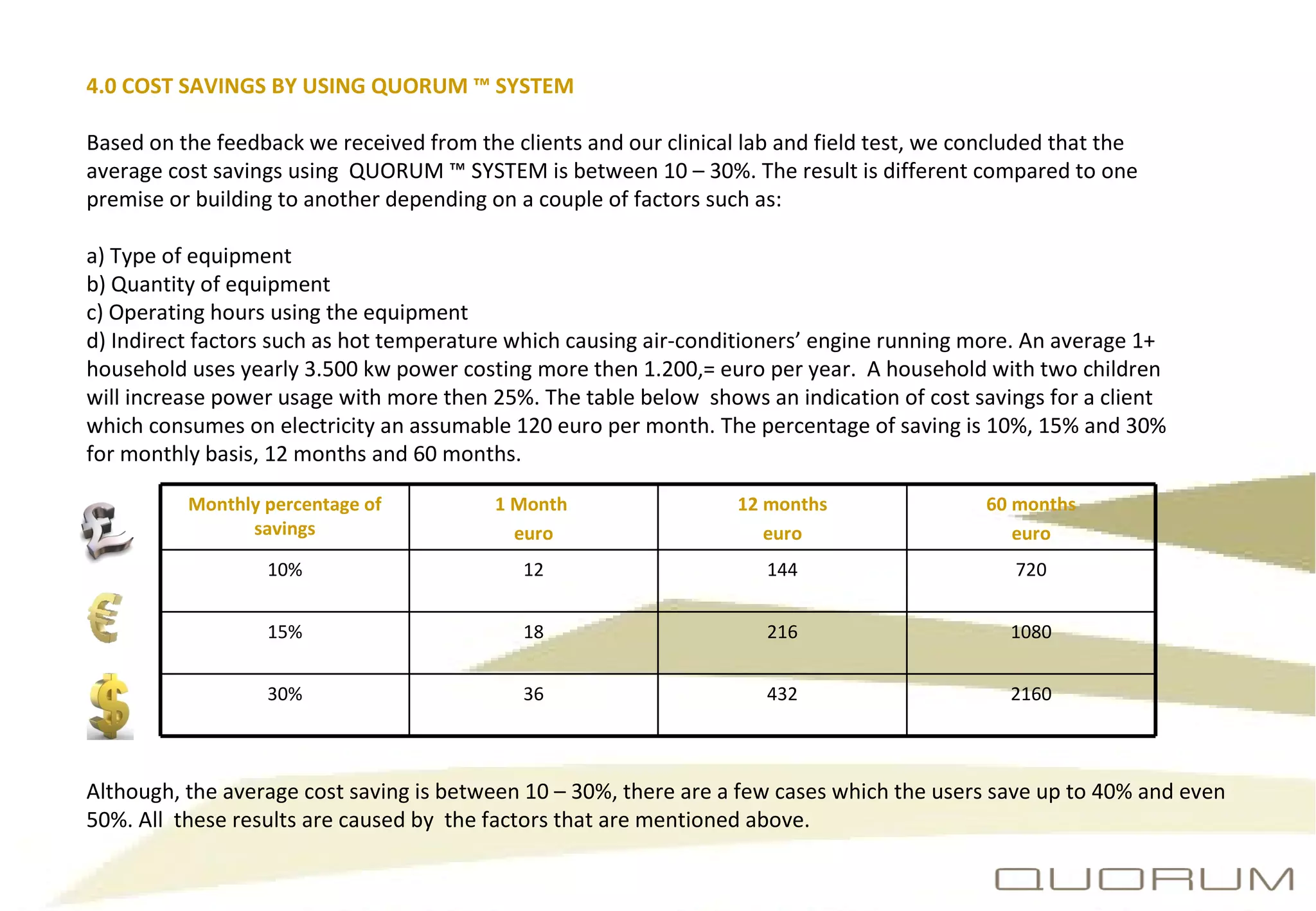 4.0 COST SAVINGS BY USING QUORUM ™ SYSTEM  Based on the feedback we received from the clients and our clinical lab and field test, we concluded that the average cost savings using  QUORUM ™ SYSTEM is between 10 – 30%. The result is different compared to one premise or building to another depending on a couple of factors such as:  a) Type of equipment  b) Quantity of equipment  c) Operating hours using the equipment  d) Indirect factors such as hot temperature which causing air-conditioners ’  engine running more. An average 1+ household uses yearly 3.500 kw power costing more then 1.200,= euro per year.  A household with two children will increase power usage with more then 25%. The table below  shows an indication of cost savings for a client which consumes on electricity an assumable 120 euro per month. The percentage of saving is 10%, 15% and 30% for monthly basis, 12 months and 60 months.  Although, the average cost saving is between 10 – 30%, there are a few cases which the users save up to 40% and even 50%. All  these results are caused by  the factors that are mentioned above.  Monthly percentage of savings 1 Month  euro 12 months euro 60 months euro 10% 12 144 720 15% 18 216 1080 30% 36 432 2160 