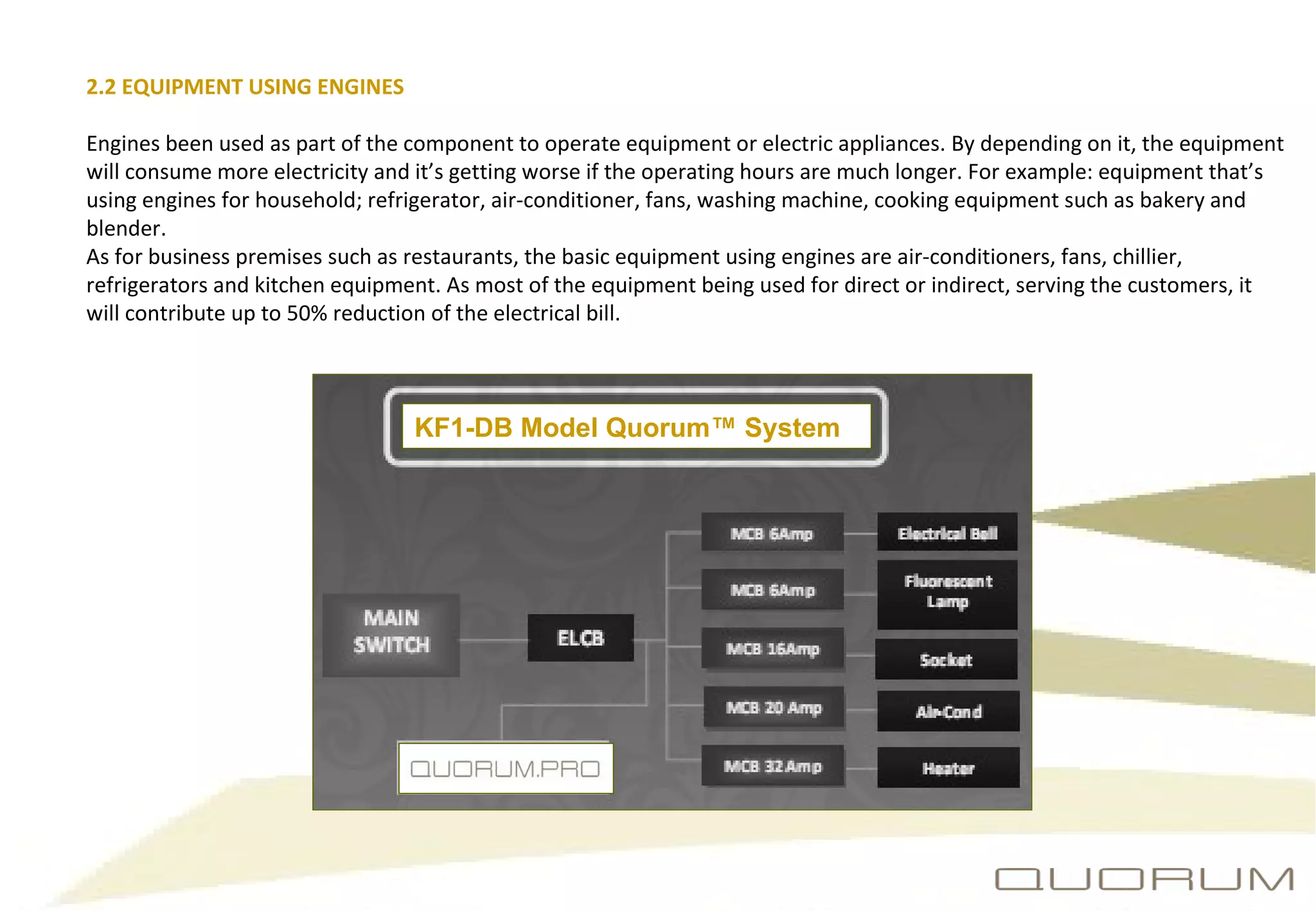2.2 EQUIPMENT USING ENGINES Engines been used as part of the component to operate equipment or electric appliances. By depending on it, the equipment will consume more electricity and it ’ s getting worse if the operating hours are much longer. For example: equipment that ’ s using engines for household; refrigerator, air-conditioner, fans, washing machine, cooking equipment such as bakery and blender. As for business premises such as restaurants, the basic equipment using engines are air-conditioners, fans, chillier, refrigerators and kitchen equipment. As most of the equipment being used for direct or indirect, serving the customers, it will contribute up to 50% reduction of the electrical bill. KF1-DB Model Quorum™ System 