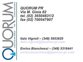 QUORUM PR Via M. Gioia 82 tel. (02) 36504831/2 fax (02) 700547907 Italo Vignoli – (348) 5653829 [email_address] Enrico Bia...