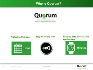 Confidential7 © 2016 Quorum Inc.
Who is Quorum?
Protecting IT since…. Easy Recovery with Recover data, servers, and
applications
2008 Minutes
 