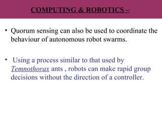 COMPUTING & ROBOTICS –
• Quorum sensing can also be used to coordinate the
behaviour of autonomous robot swarms.
• Using a process similar to that used by
Temnothorax ants , robots can make rapid group
decisions without the direction of a controller.
 