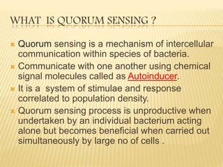 WHAT IS QUORUM SENSING ?
 Quorum sensing is a mechanism of intercellular
communication within species of bacteria.
 Communicate with one another using chemical
signal molecules called as Autoinducer.
 It is a system of stimulae and response
correlated to population density.
 Quorum sensing process is unproductive when
undertaken by an individual bacterium acting
alone but becomes beneficial when carried out
simultaneously by large no of cells .
 