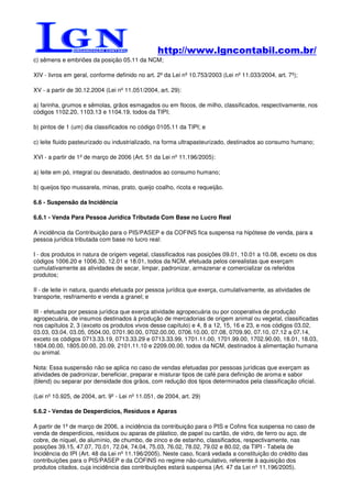 http://www.lgncontabil.com.br/
c) sêmens e embriões da posição 05.11 da NCM;

XIV - livros em geral, conforme definido no art. 2º da Lei nº 10.753/2003 (Lei nº 11.033/2004, art. 7º);

XV - a partir de 30.12.2004 (Lei nº 11.051/2004, art. 29):

a) farinha, grumos e sêmolas, grãos esmagados ou em flocos, de milho, classificados, respectivamente, nos
códigos 1102.20, 1103.13 e 1104.19, todos da TIPI;

b) pintos de 1 (um) dia classificados no código 0105.11 da TIPI; e

c) leite fluido pasteurizado ou industrializado, na forma ultrapasteurizado, destinados ao consumo humano;

XVI - a partir de 1º de março de 2006 (Art. 51 da Lei nº 11.196/2005):

a) leite em pó, integral ou desnatado, destinados ao consumo humano;

b) queijos tipo mussarela, minas, prato, queijo coalho, ricota e requeijão.

6.6 - Suspensão da Incidência

6.6.1 - Venda Para Pessoa Jurídica Tributada Com Base no Lucro Real

A incidência da Contribuição para o PIS/PASEP e da COFINS fica suspensa na hipótese de venda, para a
pessoa jurídica tributada com base no lucro real:

I - dos produtos in natura de origem vegetal, classificados nas posições 09.01, 10.01 a 10.08, exceto os dos
códigos 1006.20 e 1006.30, 12.01 e 18.01, todos da NCM, efetuada pelos cerealistas que exerçam
cumulativamente as atividades de secar, limpar, padronizar, armazenar e comercializar os referidos
produtos;

II - de leite in natura, quando efetuada por pessoa jurídica que exerça, cumulativamente, as atividades de
transporte, resfriamento e venda a granel; e

III - efetuada por pessoa jurídica que exerça atividade agropecuária ou por cooperativa de produção
agropecuária, de insumos destinados à produção de mercadorias de origem animal ou vegetal, classificadas
nos capítulos 2, 3 (exceto os produtos vivos desse capítulo) e 4, 8 a 12, 15, 16 e 23, e nos códigos 03.02,
03.03, 03.04, 03.05, 0504.00, 0701.90.00, 0702.00.00, 0706.10.00, 07.08, 0709.90, 07.10, 07.12 a 07.14,
exceto os códigos 0713.33.19, 0713.33.29 e 0713.33.99, 1701.11.00, 1701.99.00, 1702.90.00, 18.01, 18.03,
1804.00.00, 1805.00.00, 20.09, 2101.11.10 e 2209.00.00, todos da NCM, destinados à alimentação humana
ou animal.

Nota: Essa suspensão não se aplica no caso de vendas efetuadas por pessoas jurídicas que exerçam as
atividades de padronizar, beneficiar, preparar e misturar tipos de café para definição de aroma e sabor
(blend) ou separar por densidade dos grãos, com redução dos tipos determinados pela classificação oficial.

(Lei nº 10.925, de 2004, art. 9º - Lei nº 11.051, de 2004, art. 29)

6.6.2 - Vendas de Desperdícios, Resíduos e Aparas

A partir de 1º de março de 2006, a incidência da contribuição para o PIS e Cofins fica suspensa no caso de
venda de desperdícios, resíduos ou aparas de plástico, de papel ou cartão, de vidro, de ferro ou aço, de
cobre, de níquel, de alumínio, de chumbo, de zinco e de estanho, classificados, respectivamente, nas
posições 39.15, 47.07, 70.01, 72.04, 74.04, 75.03, 76.02, 78.02, 79.02 e 80.02, da TIPI - Tabela de
Incidência do IPI (Art. 48 da Lei nº 11.196/2005). Neste caso, ficará vedada a constituição do crédito das
contribuições para o PIS/PASEP e da COFINS no regime não-cumulativo, referente à aquisição dos
produtos citados, cuja incidência das contribuições estará suspensa (Art. 47 da Lei nº 11.196/2005).
 