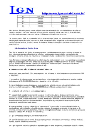 http://www.lgncontabil.com.br/
                   05                    100.000                          1.000.000
                   04                     80.000                            800.000
                   03                     60.000                            600.000
                   02                     40.000                            400.000
                   01                     20.000                            200.000

Para efeitos de aferição do limite proporcional de receita bruta, são irrelevantes a data de
registro no CNPJ e a data prevista no contrato ou estatuto social para início de atividades,
prevalecendo sempre a data do efetivo início das atividades da empresa.

De acordo com a SRF, a expressão "início de atividades" deve ser entendida como o momento
da primeira operação após a constituição e a integralização do capital que traga mutação no
patrimônio da pessoa jurídica, sendo irrelevante se esta mutação é de ordem qualitativa ou
quantitativa.

        3.6 - Conceito de Receita Bruta

Para fins de apuração dos limites de enquadramento, considera-se receita bruta o produto da venda de
bens e serviços nas operações de conta própria, o preço dos serviços prestados e o resultado nas
operações em conta alheia, não incluídos as vendas canceladas e os descontos incondicionais concedidos.

Nota: Consideram-se operações de conta própria aquelas efetuadas com bens e serviços de propriedade da
empresa; as operações em conta alheia são aquelas efetuadas com bens e serviços de outras empresas,
que por acordo contratual ficam à disposição da empresa contratante para a realização das vendas
(consignação mercantil, representação comercial, etc.).

4. EMPRESAS QUE NÃO PODEM OPTAR PELO SIMPLES

Não poderá optar pelo SIMPLES a pessoa jurídica (Art. 9º da Lei nº 9.317/1996 e Instrução Normativa SRF
nº 608/2006):

I - na condição de microempresa, que tenha auferido, no ano-calendário imediatamente anterior, receita
bruta superior a R$ 240.000,00 (duzentos e quarenta e vinte mil reais);

II - na condição de empresa de pequeno porte, que tenha auferido, no ano-calendário imediatamente
anterior, receita bruta superior a R$ 2..400.000,00 (dois milhões e quatrocentos mil reais);

III - constituída sob a forma de sociedade por ações;

IV - cuja atividade seja banco comercial, banco de investimentos, banco de desenvolvimento, caixa
econômica, sociedade de crédito, financiamento e investimento, sociedade de crédito imobiliário, sociedade
corretora de títulos, valores mobiliários e câmbio, distribuidora de títulos e valores mobiliários, empresa de
arrendamento mercantil, cooperativa de crédito, empresas de seguros privados e de capitalização e
entidade de previdência privada aberta;

V - que se dedique à compra e à venda, ao loteamento, à incorporação, à construção de imóveis, ou
construção por administração, entendida como a execução de obras de construção civil, própria ou de
terceiros, como a construção, demolição, reforma, ampliação de edificação ou outras benfeitorias agregadas
ao solo ou subsolo (Art. 4º da Lei nº 9.528/1997);

VI - que tenha sócio estrangeiro, residente no Exterior;

VII - constituída sob qualquer forma, de cujo capital participe entidade da administração pública, direta ou
indireta, federal, estadual ou municipal;

VIII - que seja filial, sucursal, agência ou representação, no País, de pessoa jurídica com sede no Exterior;
 
