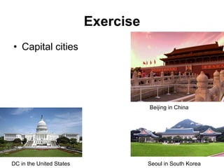 Exercise
• Capital cities
DC in the United States Seoul in South Korea
Beijing in China
 