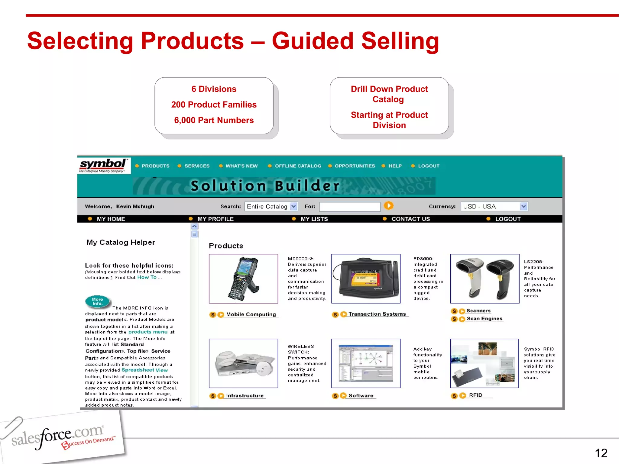 Selecting Products – Guided Selling  6 Divisions 200 Product Families 6,000 Part Numbers Drill Down Product Catalog  Starting at Product Division 