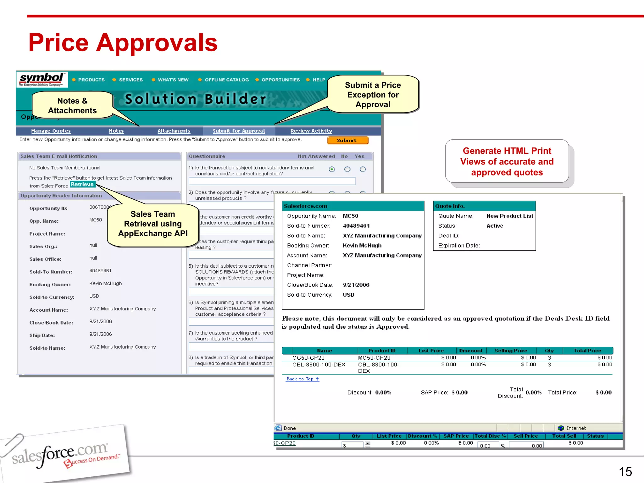 Price Approvals Submit a Price Exception for Approval Notes & Attachments Sales Team Retrieval using AppExchange API Generate HTML Print Views of accurate and approved quotes 