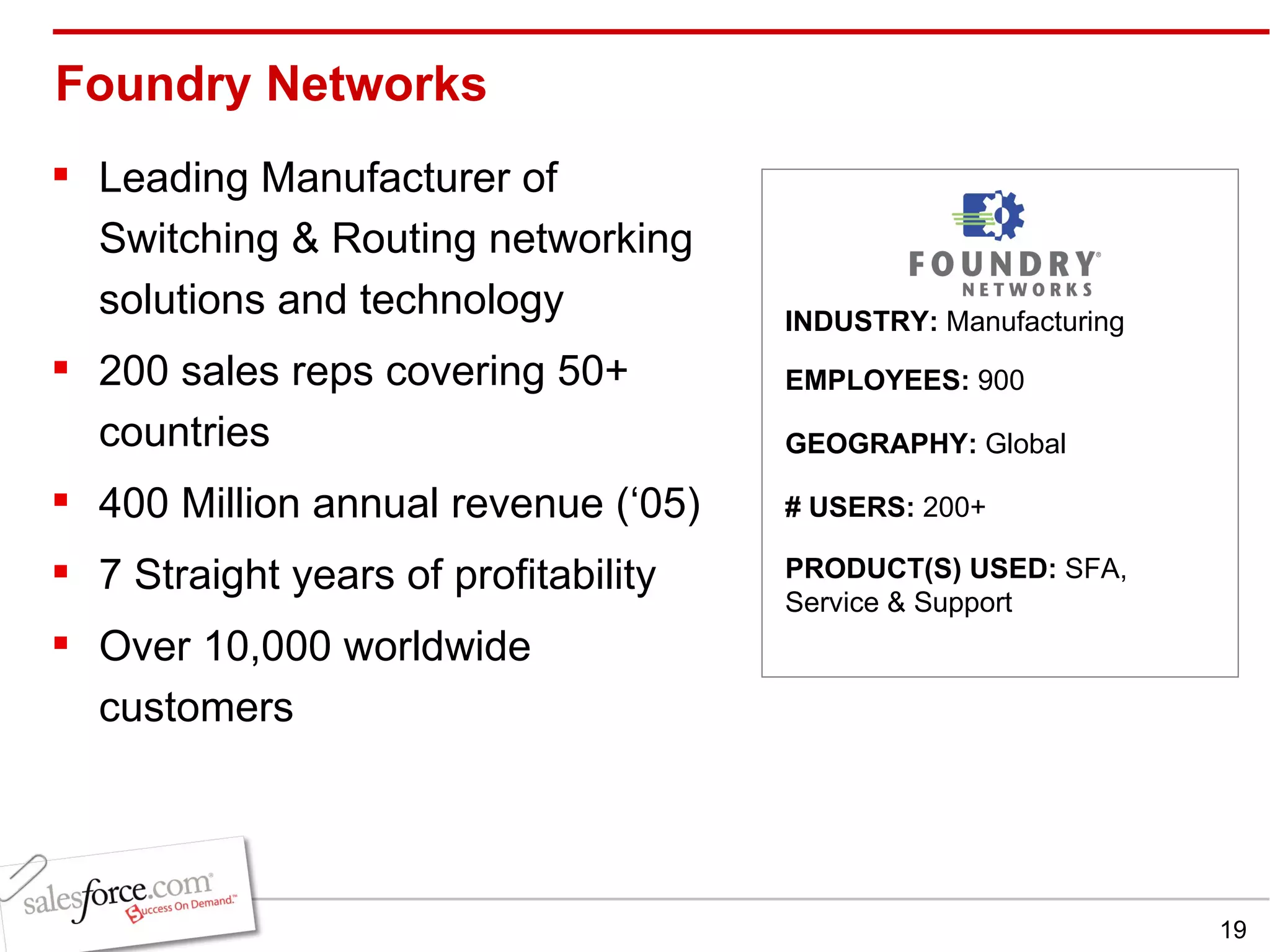 Foundry Networks Leading Manufacturer of Switching & Routing networking solutions and technology 200 sales reps covering 50+ countries 400 Million annual revenue (‘05) 7 Straight years of profitability Over 10,000 worldwide customers INDUSTRY:  Manufacturing EMPLOYEES:  900 GEOGRAPHY:  Global PRODUCT(S) USED:  SFA, Service & Support # USERS:  200+ 