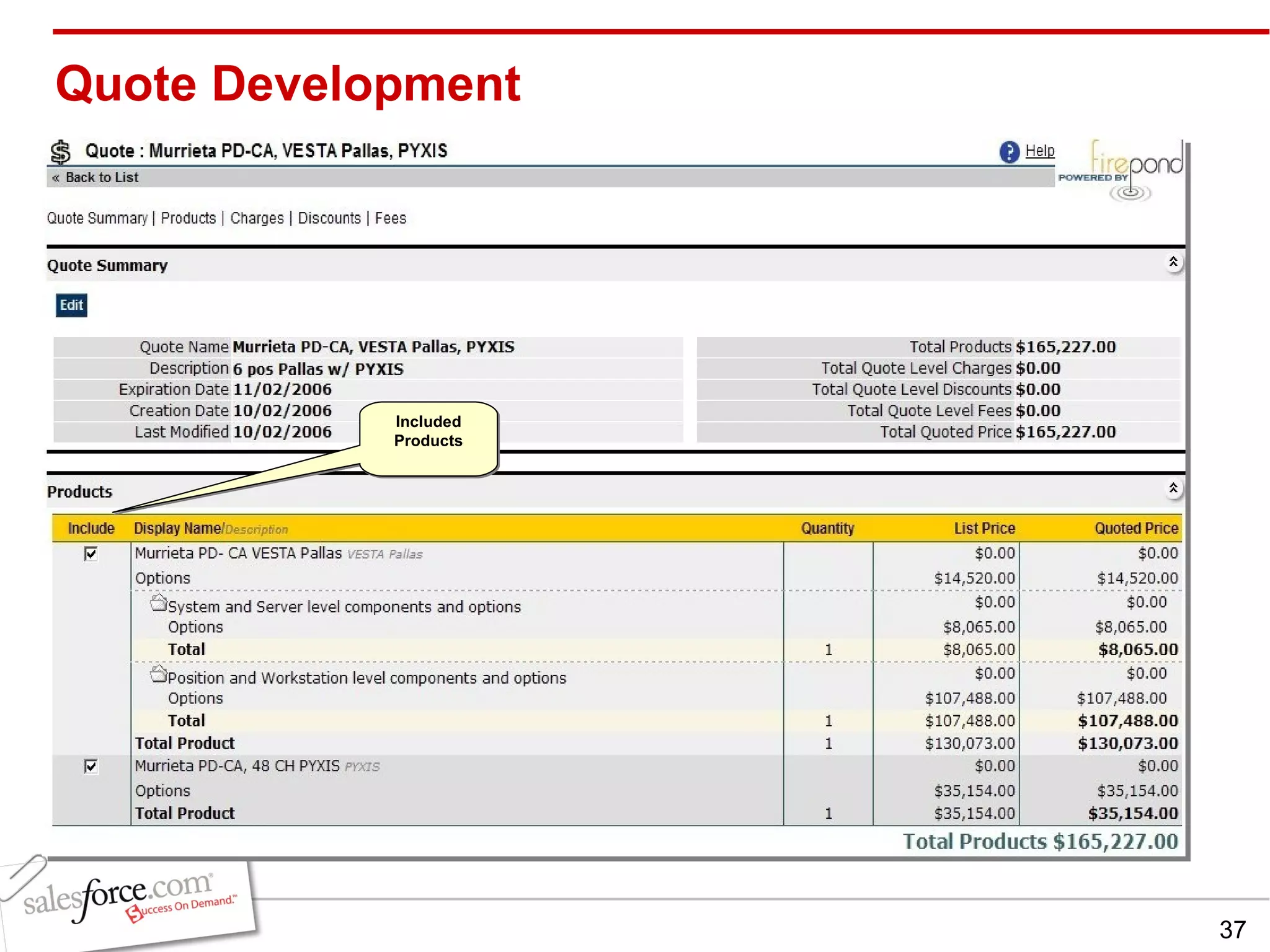 Quote Development Included Products 