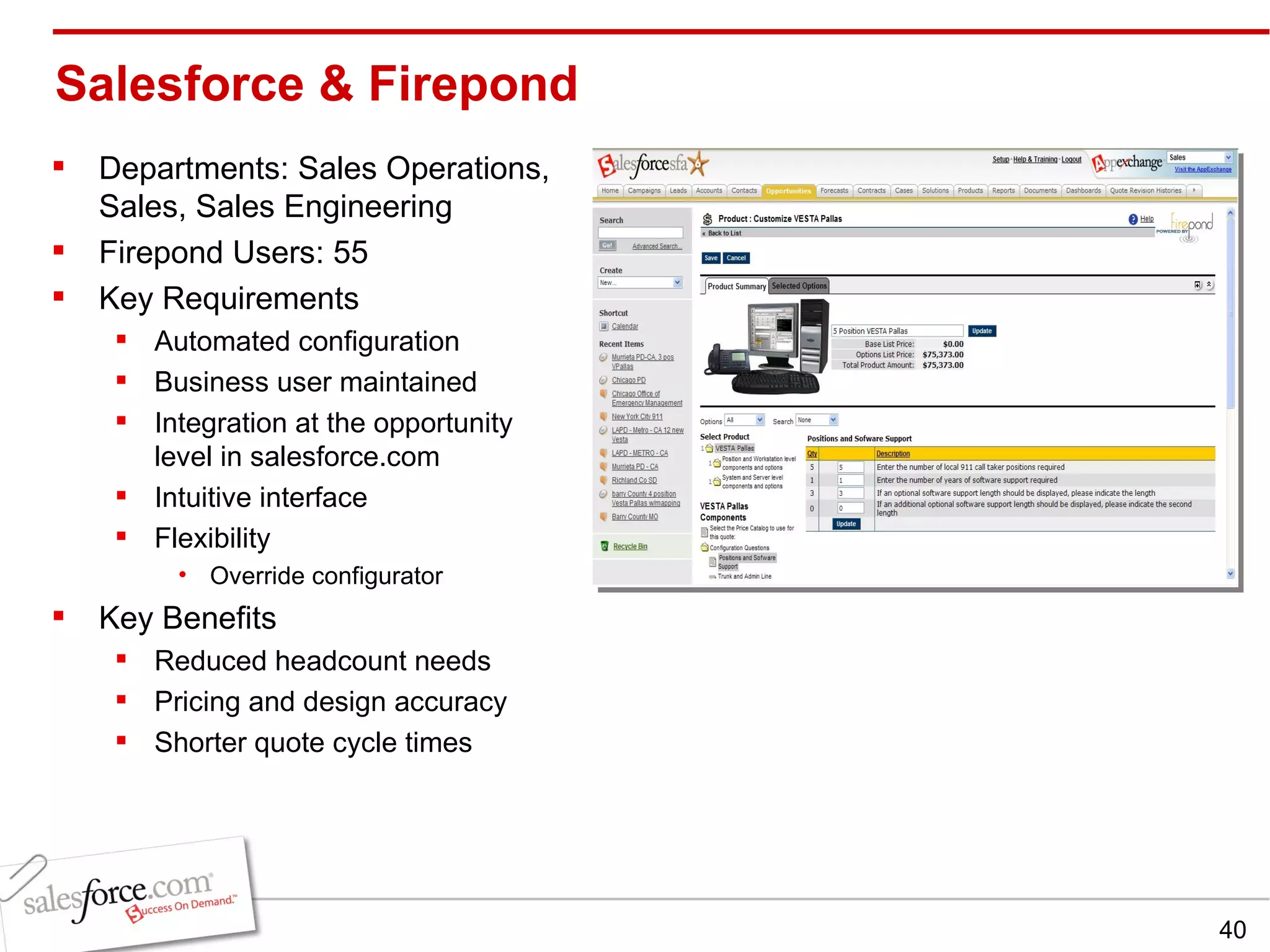 Salesforce & Firepond  Departments: Sales Operations, Sales, Sales Engineering Firepond Users: 55 Key Requirements Automated configuration Business user maintained Integration at the opportunity level in salesforce.com Intuitive interface Flexibility Override configurator Key Benefits Reduced headcount needs Pricing and design accuracy Shorter quote cycle times 
