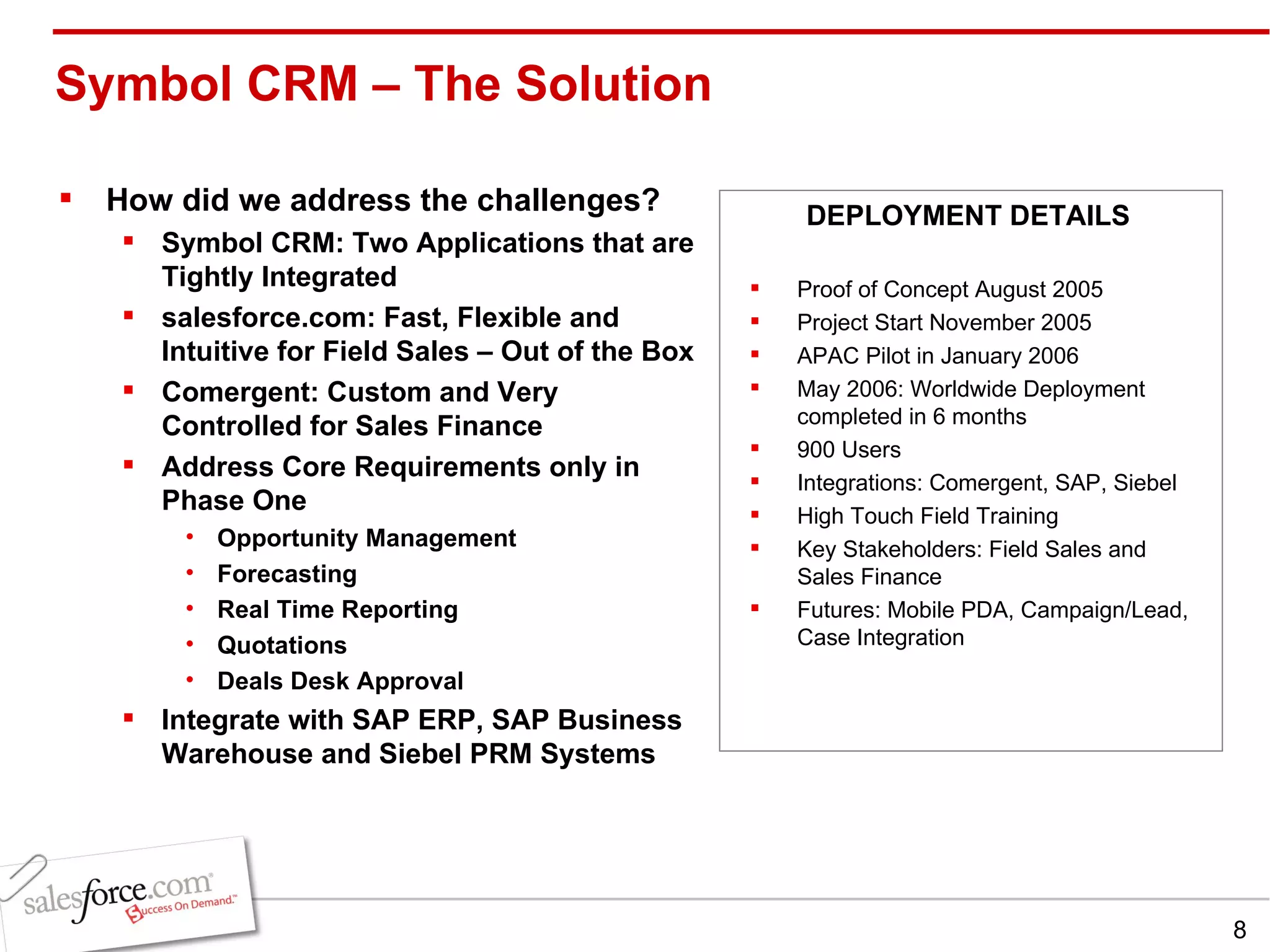 Symbol CRM – The Solution  How did we address the challenges? Symbol CRM: Two Applications that are Tightly Integrated salesforce.com: Fast, Flexible and Intuitive for Field Sales – Out of the Box Comergent: Custom and Very Controlled for Sales Finance Address Core Requirements only in Phase One Opportunity Management Forecasting Real Time Reporting Quotations Deals Desk Approval Integrate with SAP ERP, SAP Business Warehouse and Siebel PRM Systems Proof of Concept August 2005 Project Start November 2005 APAC Pilot in January 2006 May 2006: Worldwide Deployment completed in 6 months 900 Users Integrations: Comergent, SAP, Siebel High Touch Field Training Key Stakeholders: Field Sales and Sales Finance Futures: Mobile PDA, Campaign/Lead, Case Integration DEPLOYMENT DETAILS 