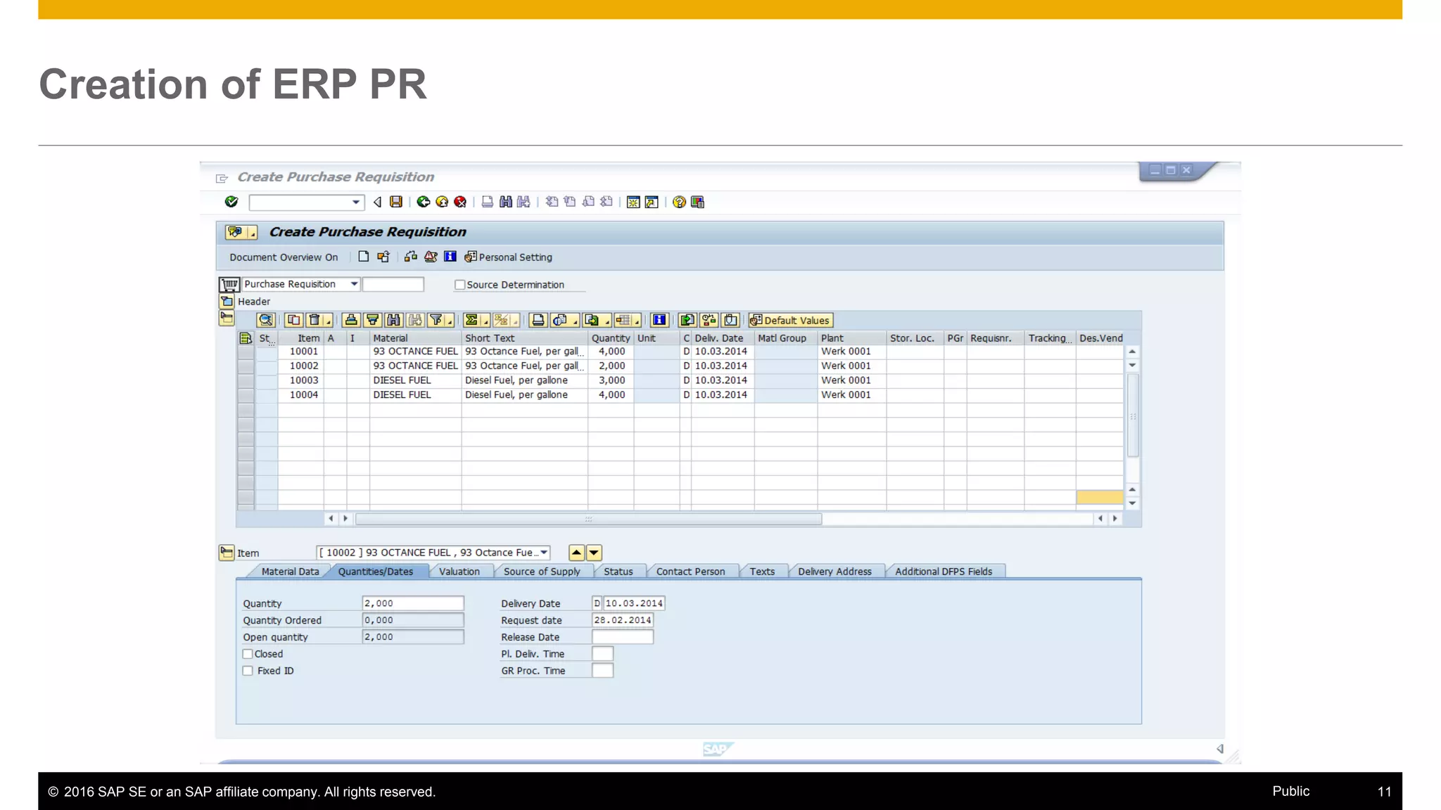 © 2016 SAP SE or an SAP affiliate company. All rights reserved. 11Public
Creation of ERP PR
 