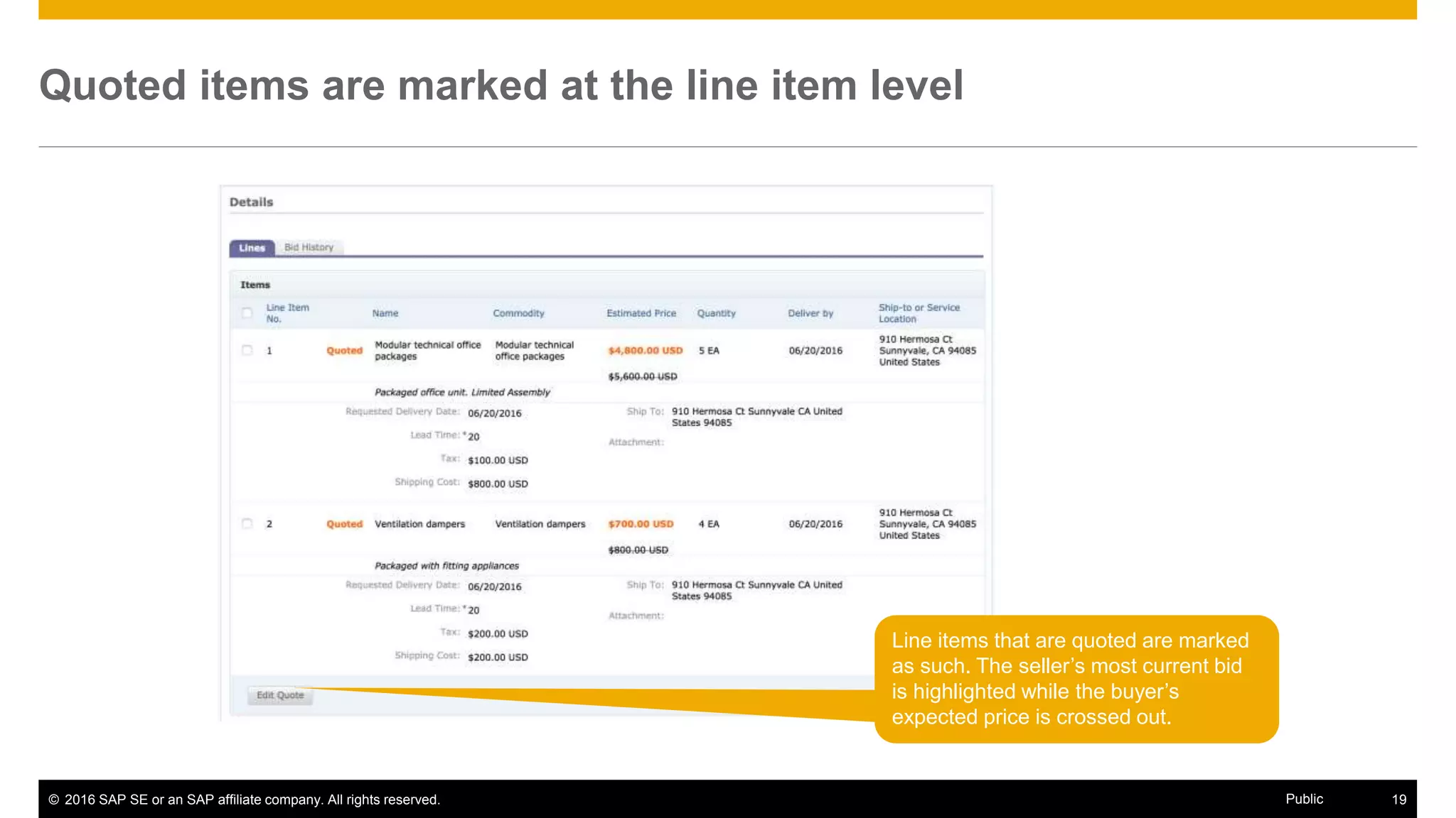 © 2016 SAP SE or an SAP affiliate company. All rights reserved. 19Public
Quoted items are marked at the line item level
Line items that are quoted are marked
as such. The seller’s most current bid
is highlighted while the buyer’s
expected price is crossed out.
 