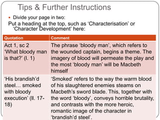 Tips & Further InstructionsDivide your page in two:Put a heading at the top, such as ‘Characterisation’ or ‘Character Development’ here: