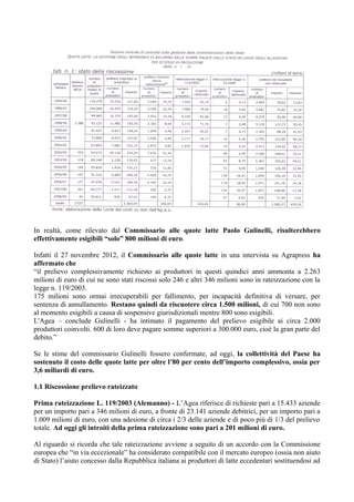 In realtà, come rilevato dal Commissario alle quote latte Paolo Gulinelli, risulterebbero
effettivamente esigibili “solo” 800 milioni di euro.

Infatti il 27 novembre 2012, il Commissario alle quote latte in una intervista su Agrapress ha
affermato che
“il prelievo complessivamente richiesto ai produttori in questi quindici anni ammonta a 2.263
milioni di euro di cui ne sono stati riscossi solo 246 e altri 346 milioni sono in rateizzazione con la
legge n. 119/2003.
175 milioni sono ormai irrecuperabili per fallimento, per incapacità definitiva di versare, per
sentenza di annullamento. Restano quindi da riscuotere circa 1.500 milioni, di cui 700 non sono
al momento esigibili a causa di sospensive giurisdizionali mentre 800 sono esigibili.
L'Agea – conclude Gulinelli - ha intimato il pagamento del prelievo esigibile ai circa 2.000
produttori coinvolti. 600 di loro deve pagare somme superiori a 300.000 euro, cioè la gran parte del
debito.”

Se le stime del commissario Gulinelli fossero confermate, ad oggi, la collettività del Paese ha
sostenuto il costo delle quote latte per oltre l’80 per cento dell’importo complessivo, ossia per
3,6 miliardi di euro.

1.1 Riscossione prelievo rateizzato

Prima rateizzazione L. 119/2003 (Alemanno) - L’Agea riferisce di richieste pari a 15.433 aziende
per un importo pari a 346 milioni di euro, a fronte di 23.141 aziende debitrici, per un importo pari a
1.009 milioni di euro, con una adesione di circa i 2/3 delle aziende e di poco più di 1/3 del prelievo
totale. Ad oggi gli introiti della prima rateizzazione sono pari a 201 milioni di euro.

Al riguardo si ricorda che tale rateizzazione avviene a seguito di un accordo con la Commissione
europea che “in via eccezionale” ha considerato compatibile con il mercato europeo (ossia non aiuto
di Stato) l’aiuto concesso dalla Repubblica italiana ai produttori di latte eccedentari sostituendosi ad
 