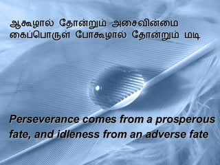 ஆகூழால் தோன்றும் அசைவின்மை  கைப்பொருள்   போகூழால் தோன்றும் மடி Perseverance comes from a prosperous  fate, and idleness from an adverse fate   