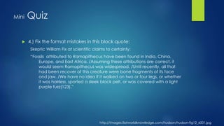 Mini Quiz 
 4.) Fix the format mistakes in this block quote: 
Skeptic William Fix at scientific claims to certainty: 
“Fossils attributed to Ramapithecus have been found in India, China, 
Europe, and East Africa. /Assuming these attributions are correct, it 
would seem Ramapithecus was widespread. /Until recently, all that 
had been recover of this creature were bone fragments of its face 
and jaw. /We have no idea if it walked on two or four legs, or whether 
it was hairless, sported a sleek black pelt, or was covered with a light 
purple fuzz(123).” 
http://images.flatworldknowledge.com/hudson/hudson-fig12_x001.jpg 
 
