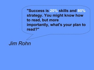 "Success is 20% skills and 80%
      strategy. You might know how
      to read, but more
      importantly, what's your plan to
      read?"


Jim Rohn
 