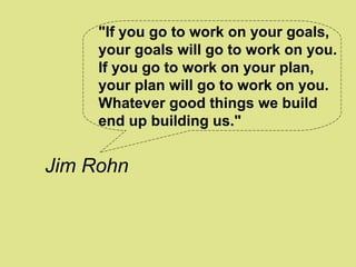 "If you go to work on your goals,
     your goals will go to work on you.
     If you go to work on your plan,
     your plan will go to work on you.
     Whatever good things we build
     end up building us."


Jim Rohn
 