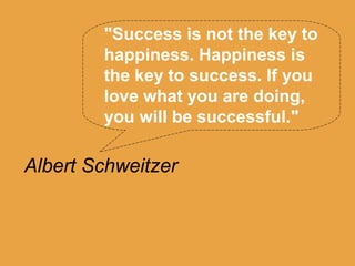 "Success is not the key to
        happiness. Happiness is
        the key to success. If you
        love what you are doing,
        you will be successful."

Albert Schweitzer
 