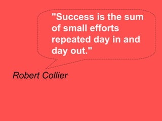 "Success is the sum
         of small efforts
         repeated day in and
         day out."

Robert Collier
 
