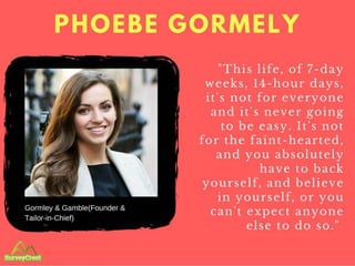 PHOEBE GORMELY
Gormley & Gamble(Founder & Tailor-in-
Chief)
"This life, of 7-day weeks, 14-
hour days, it's not for everyo...