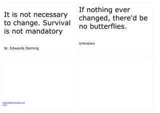 www.highertraining.co.uk
2013
It is not necessary
to change. Survival
is not mandatory
W. Edwards Deming
If nothing ever
changed, there'd be
no butterflies.
Unknown
 