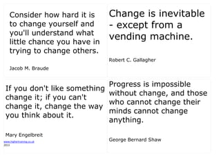 www.highertraining.co.uk
2013
Consider how hard it is
to change yourself and
you'll understand what
little chance you have in
trying to change others.
Jacob M. Braude
Change is inevitable
- except from a
vending machine.
Robert C. Gallagher
If you don't like something
change it; if you can't
change it, change the way
you think about it.
Mary Engelbreit
Progress is impossible
without change, and those
who cannot change their
minds cannot change
anything.
George Bernard Shaw
 