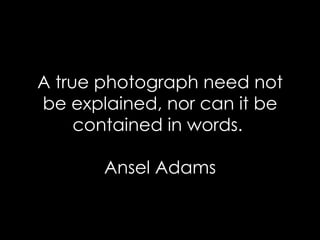 A true photograph need not be explained, nor can it be contained in words.  Ansel Adams 